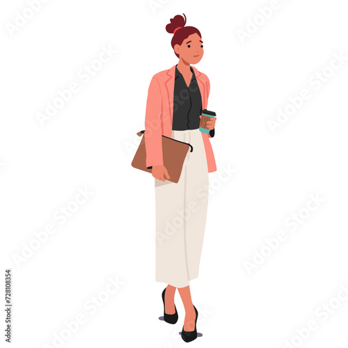Professional Woman Strides Confidently At Work, Balancing A Steaming Cup Of Coffee In Hand, Vector Illustration