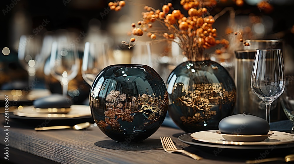 Table decoration with a bouquet of flowers, plates, glasses, napkins and candles arranged in a modern way. Table decoration with a bouquet of flowers, plates, glasses, napkins and candles arranged in a modern way.