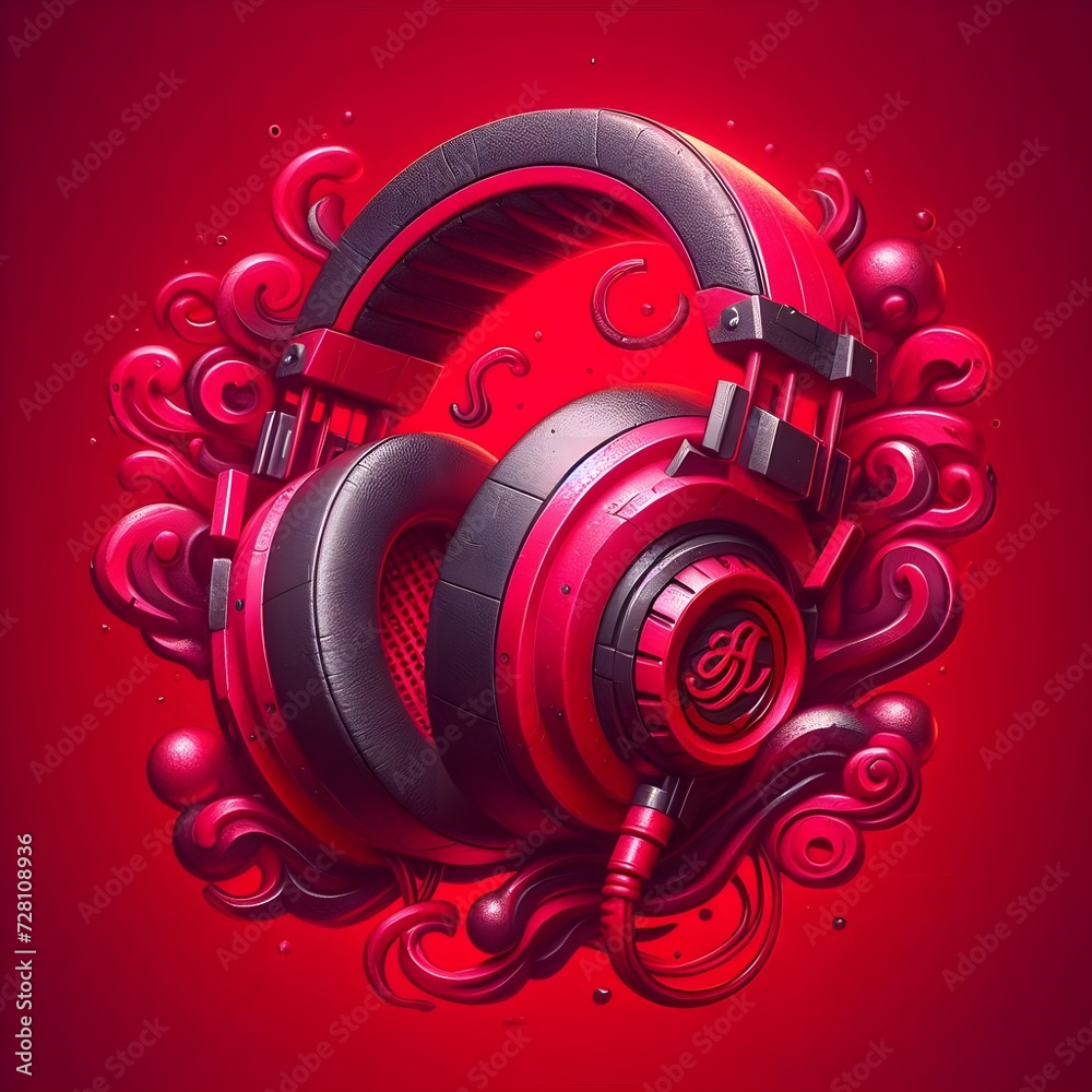 Red headphones dark fantasy, graffiti llustration.