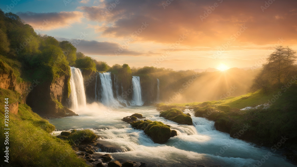Fototapeta premium waterfall in the forest, waterfall at sunset