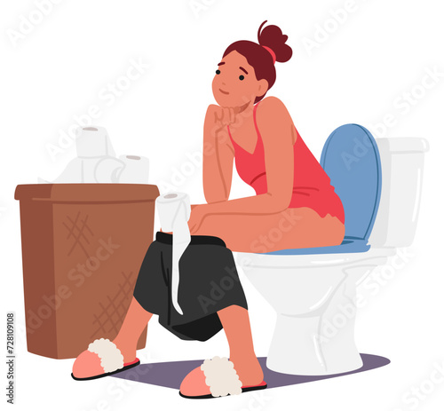 Female Character Poop. Woman Sits On The Toilet In The Serene Solitude Of The Bathroom, A Momentary Escape