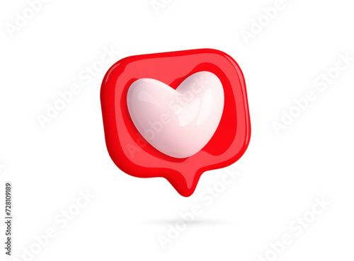 3d like heart icon. White heart in red speech bubble notification. Love social media message isolated. Follow internet button. Vector cartoon illustration