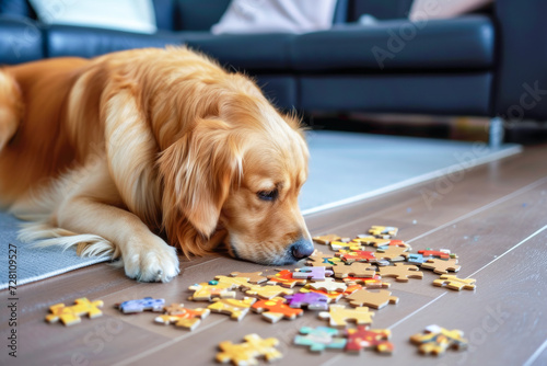 Golden Retriever lying on the floor, curiously inspecting scattered jigsaw puzzle pieces, engaging in a playful activity.