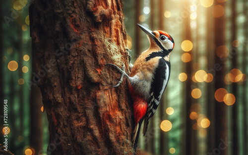A woodpecker uses its beak to peck at the bark of a tree. In a perfect forest, birds perch on trees.