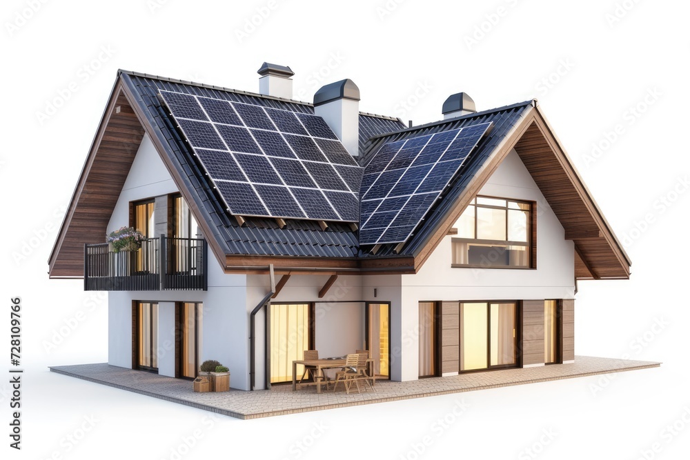 House with solar panels isolated on white background