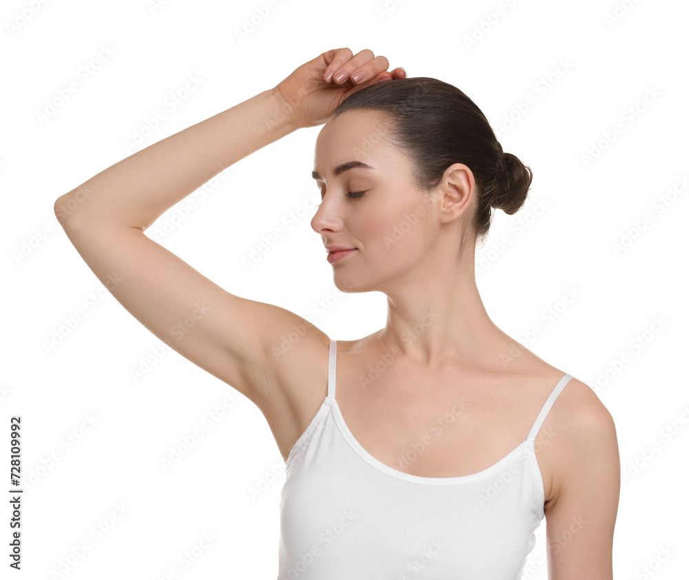 Beautiful woman showing armpit with smooth clean skin on white background Beautiful woman showing armpit with smooth clean skin on white background