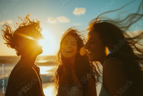 A joyful group of friends basking in the warm sunlight on the beach, their faces illuminated by the vibrant sunset, radiating love and happiness as they laugh together under the open sky