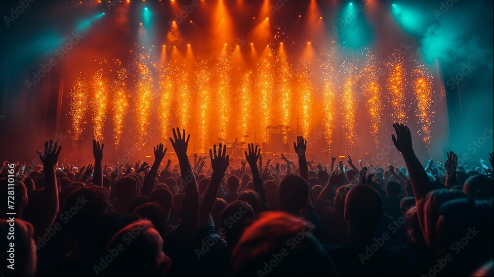 A crowd standing with hands up at a concert