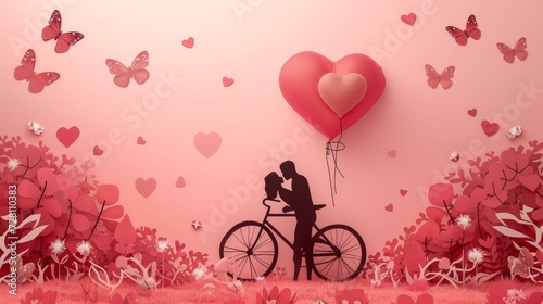 A romantic couple celebrates valentine's day as they ride together on a bicycle adorned with heart-shaped balloons, the spinning wheels representing the journey of love photo