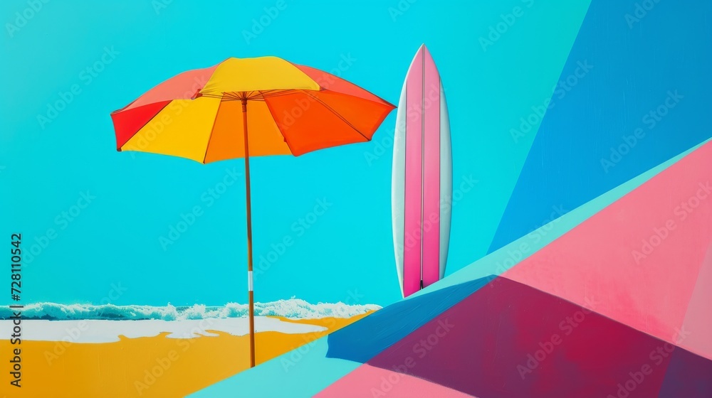A vibrant painting of an umbrella and surfboard, adding a pop of color and artistic flair to the serene beach setting