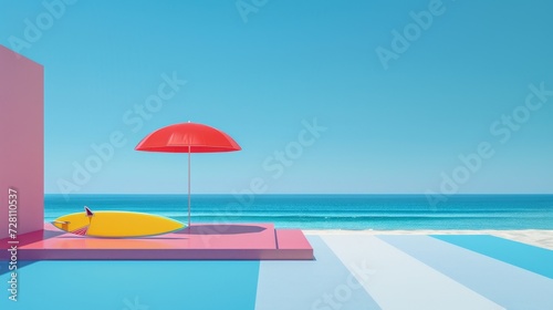 Under the bright aqua sky  a lone surfboard and umbrella rest on the sandy beach  beckoning for a day of fun in the water and sun