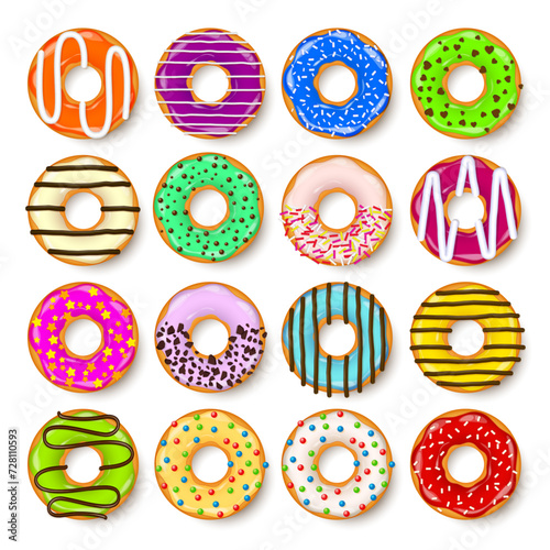 Donut, begel with cream. Cookies,cookie cake set. Sweet dessert with sugar and caramel. Tasty breakfast cooking. Cafateria food, snack. Coffee shop.Vector illustration.