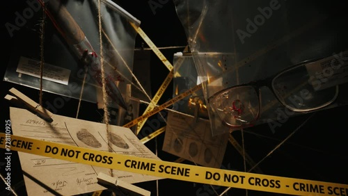 Crime scene investigation dolly camera flies through evidence collected on murder hanging on interweaving threads bloody knife and glasses in transparent bags. Perfect for crime documentaries intros photo