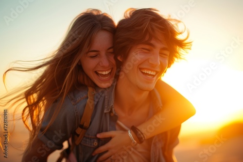 A loving couple shares a romantic sunset kiss as the man carries his happy partner on his back, their faces beaming with joy and their clothing fluttering in the wind