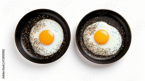 Two fried eggs in cast iron frying pan sprinkled