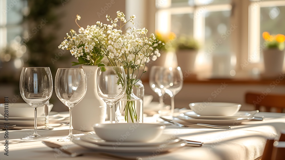 Table decoration with a bouquet of flowers, plates, glasses, napkins and candles arranged in a modern way.
