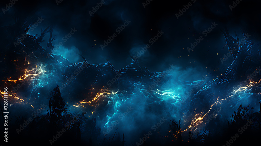Blue fire on dark night sky background