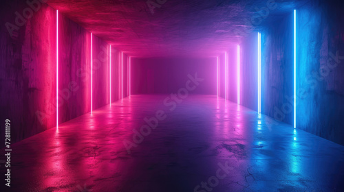 Modern neon concrete garage background, abstract empty room with lines of led red and blue light, dark futuristic studio or hallway. Concept of cyberpunk space interior, hall,
