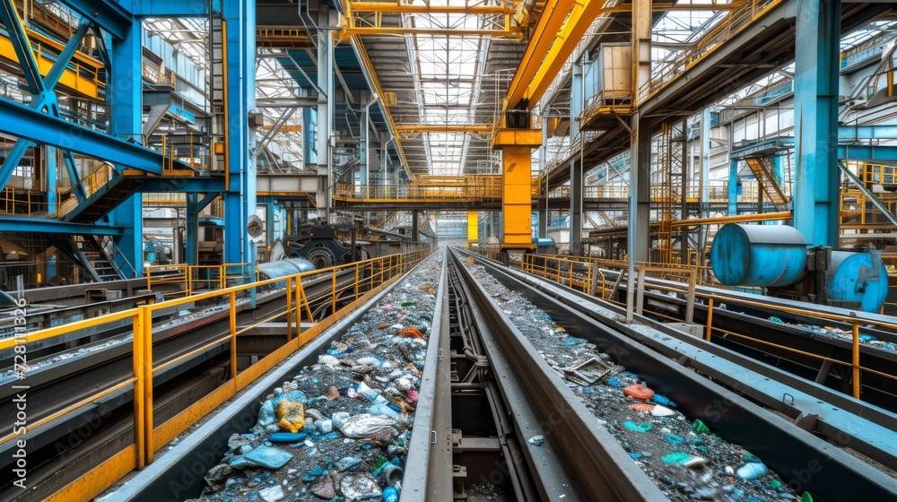 A decaying steel industry is depicted in this haunting indoor scene, as a train track laden with garbage winds through a factory building, symbolizing the crumbling state of engineering and metal man