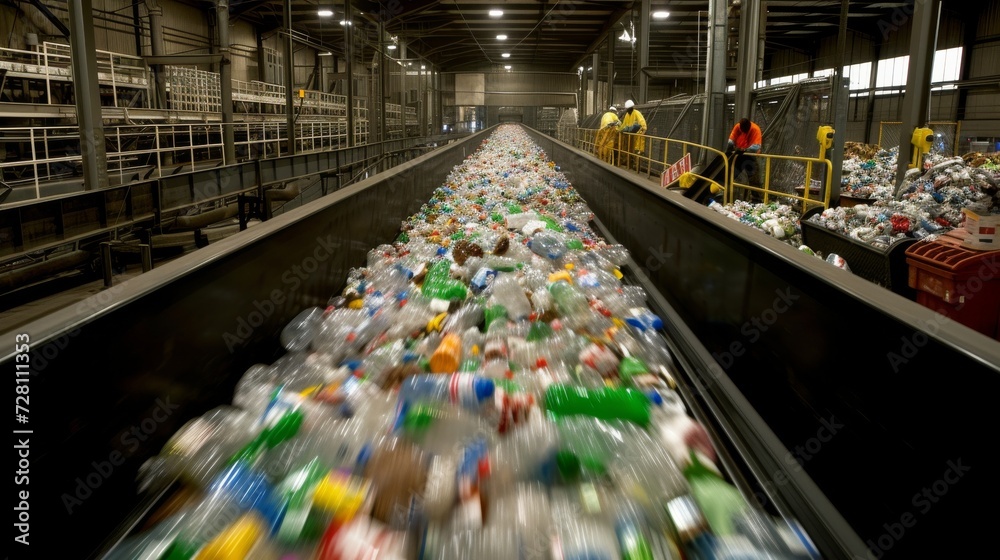 A sea of plastic bottles cascades down an indoor conveyor belt, a tangible reminder of our overwhelming consumption and its detrimental impact on the environment