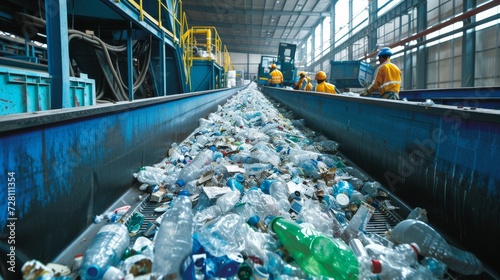 A never-ending stream of plastic bottles cascading down a vibrant blue conveyor belt, a striking display of modern engineering and the overwhelming impact of single-use plastics on our environment