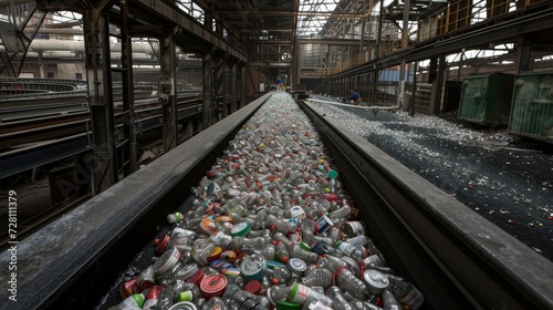 An abandoned train track leads to an indoor steel ground filled with plastic bottles, a haunting reminder of our wasteful habits