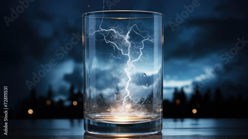 A glass with a zipper inside against a gloomy night sky. The domestication of nature and its phenomena. photo