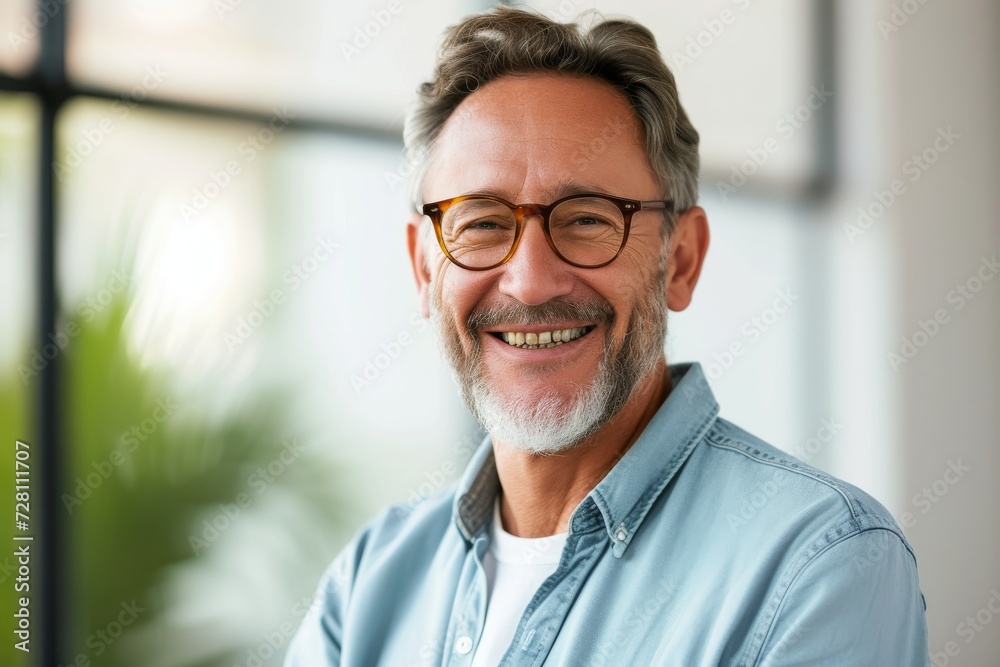 A cheerful man with a kind smile wearing glasses and a blue shirt, his sharp jawline and neatly groomed facial hair framing his face, while his forehead and collar show hints of wisdom and experience A cheerful man with a kind smile wearing glasses and a blue shirt, his sharp jawline and neatly groomed facial hair framing his face, while his forehead and collar show hints of wisdom and experience