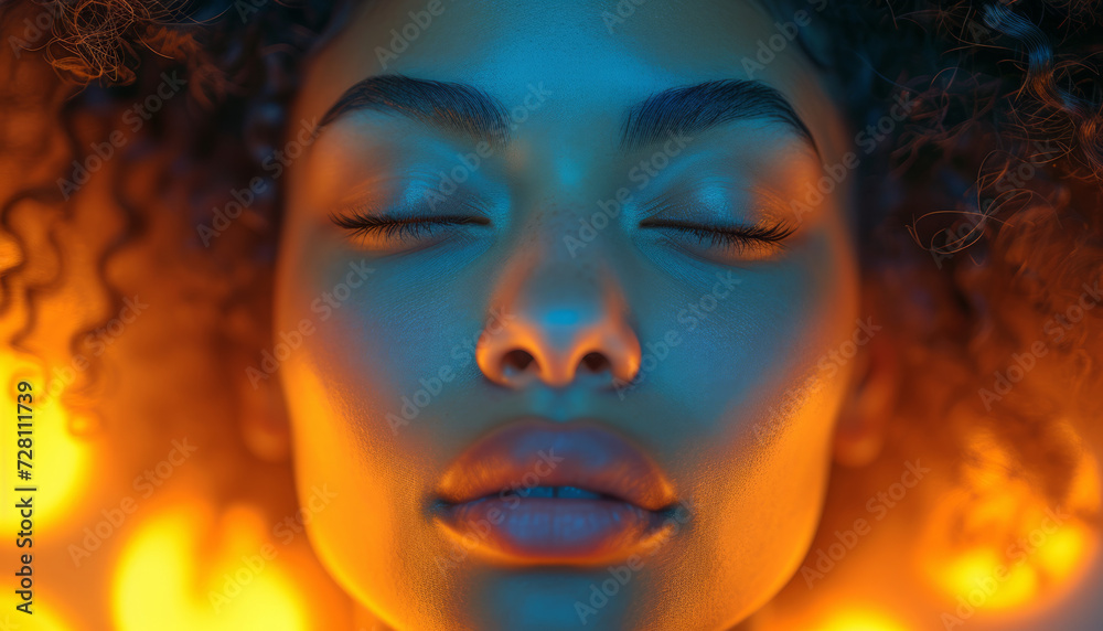 Tranquil Beauty: Woman with Eyes Closed in Warm Blue and Orange Light