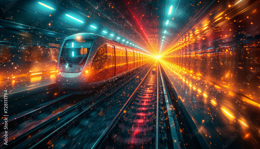 Futuristic High-Speed Train Rushing Through a Light Tunnel Futuristic High-Speed Train Rushing Through a Light Tunnel