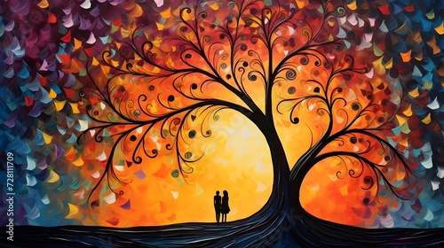 Couple Under Vibrant Artistic Tree at Sunset