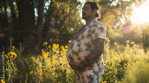 Heavily pregnant transgender man with tattoos. AI generated photo