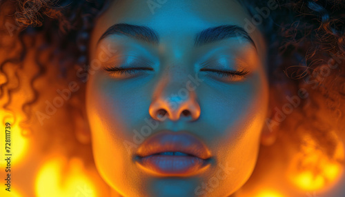 Tranquil Beauty  Woman with Eyes Closed in Warm Blue and Orange Light