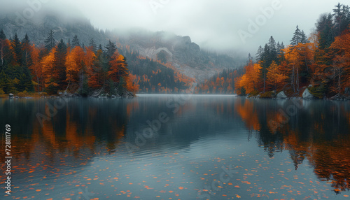 Misty Autumn Morning by a Mountain Lake with Floating Leaves