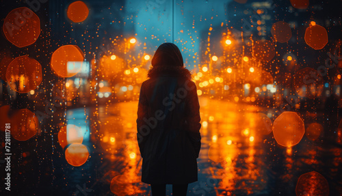 Solitary Figure Contemplating on a Rainy City Night