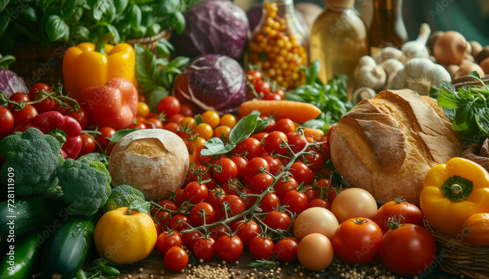 Assortment of Fresh Vegetables, Fruits, and Bread on a Wooden Table