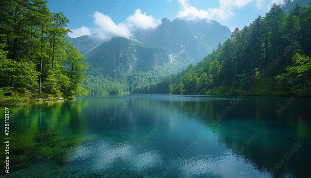 Serene Mountain Lake Surrounded by Lush Forest