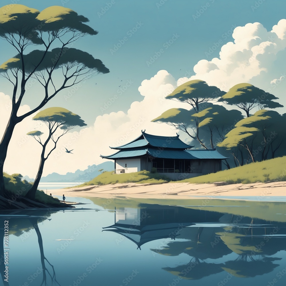 Obraz premium Serene Asian Countryside with Reflecting Lake