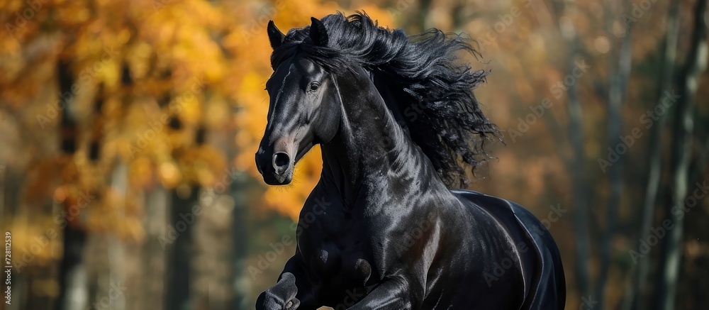 Black Friesian Horse in Majestic Trot: A Black, Friesian Horse Showcasing its Graceful Trotting Skills Black Friesian Horse in Majestic Trot: A Black, Friesian Horse Showcasing its Graceful Trotting Skills