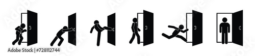 man icon, door entrance, exit, stick figure illustration people