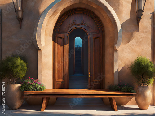 Welcoming Rustic Charm - Arched Entry With Warmth of Wooden Bench 