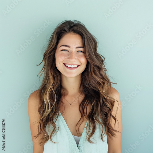 A happy, successful woman in a casual outfit, smiling confidently at the camera against a pale aquamarine background. She radiates a sense of fulfillment and self-assurance.