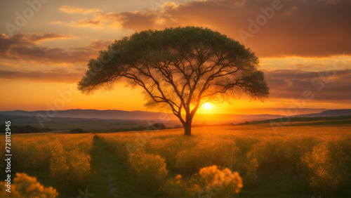 Sunset landscape with flowers field and a huge tree