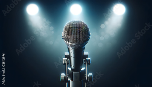 Microphone Elegance: Close-up on Stand with Stage Lighting Bokeh