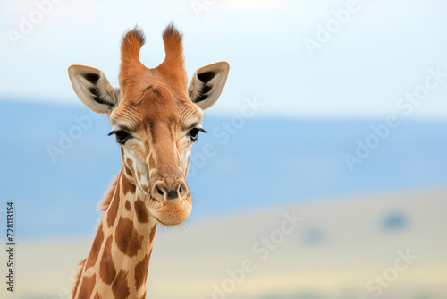 Headshot of a giraffe with a savannah and blue sky background.