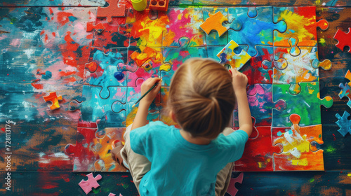 A boy paints puzzles sitting on the floor. a kid with autism spectrum disorder learns to draw.