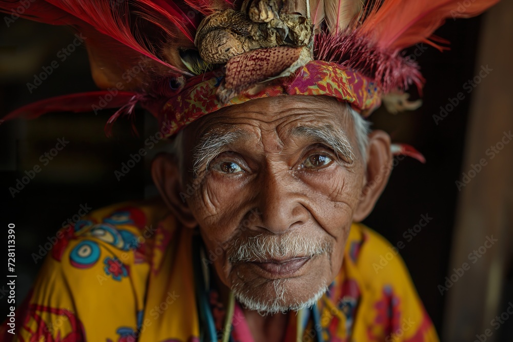 Portrait of an elderly indigenous Indonesian man, wearing colorful clothes.