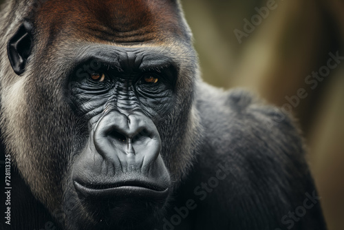 Intense close-up of a silverback gorilla's face with a thoughtful expression.