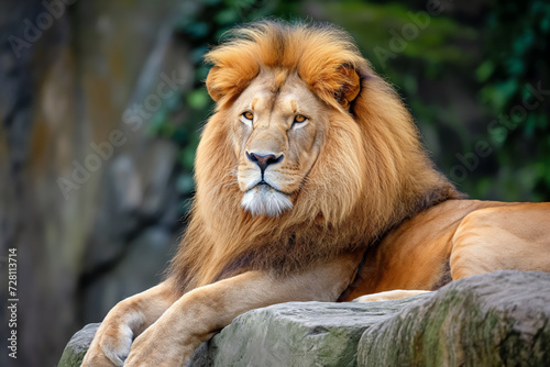 Regal lion lounging on a rock  with a full mane and a piercing gaze  set against a blurred green background.
