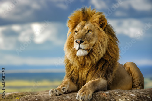 A majestic lion resting on a rock with a striking blue sky and fluffy clouds in the background.